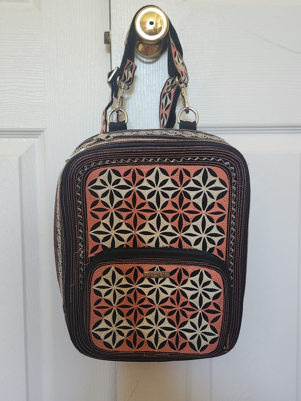 Geometric Coral & Cream Patterned Backpack Crossbody